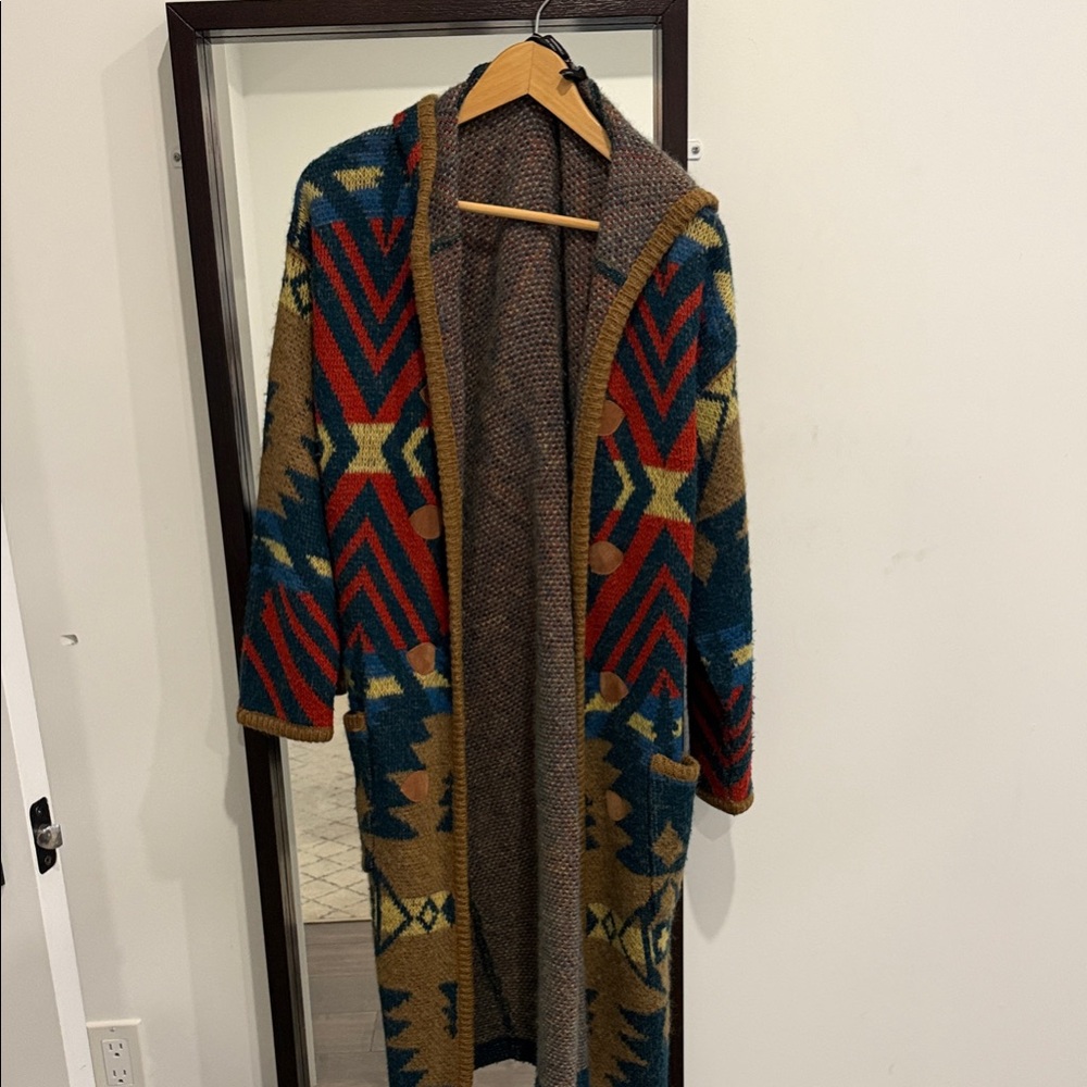 Aztec Pattern Open-Front Men's Cardigan in Blue, Red & Brown